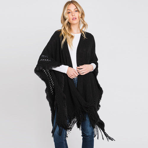 Fringe Cut Out Knit Ruana Poncho - Black