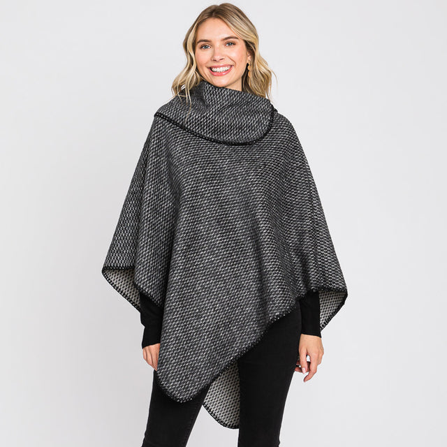 Black Textured Solid Neck Poncho