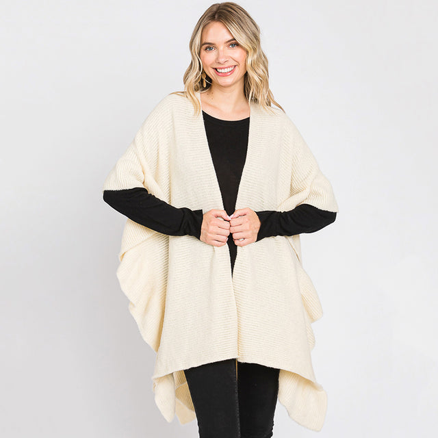 Ivory Solid Ruffle Knit Ruana Poncho
