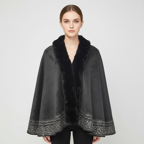 Black, Clear Faux Fur Trim Rhinestone Embellished Hem Poncho Shawl