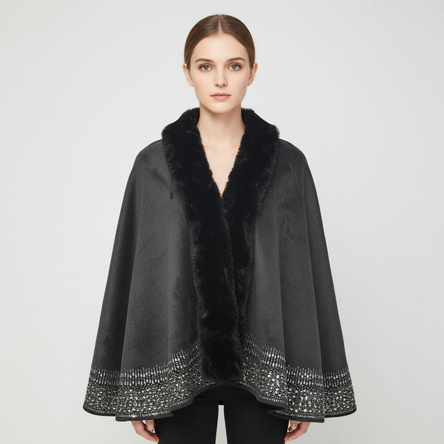 Black, Clear Faux Fur Trim Rhinestone Embellished Hem Poncho Shawl