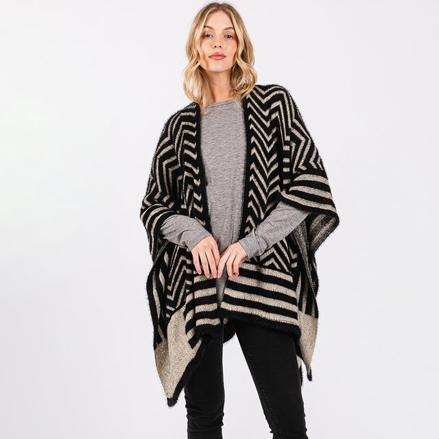 Black Fuzzy Chevron Pattern Ruana Poncho