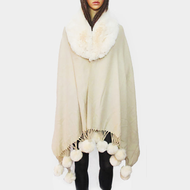 Ivory Faux Fur Collar and Pom Pom Dangle Poncho