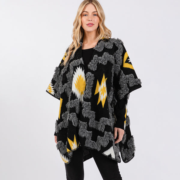 Black Fuzzy Aztec Pattern Kimono Poncho