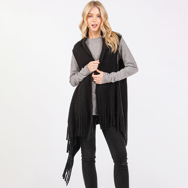 Black Embossed Dotted Line Tassel Knit Vest