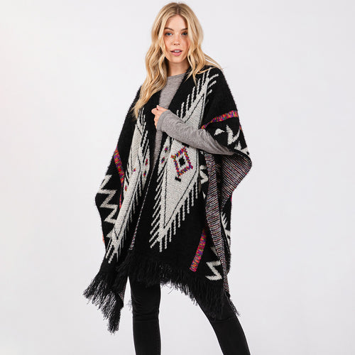 Fuzzy Aztec Pattern Tassel Knit Ruana Poncho - Black