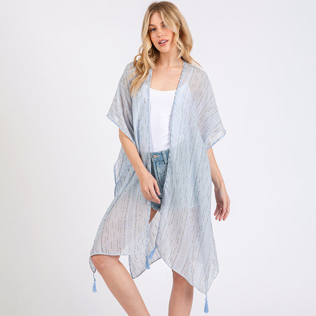 Madeline Love Blue Colored Stitch Trip Tassel Kimono Poncho - Jewelry