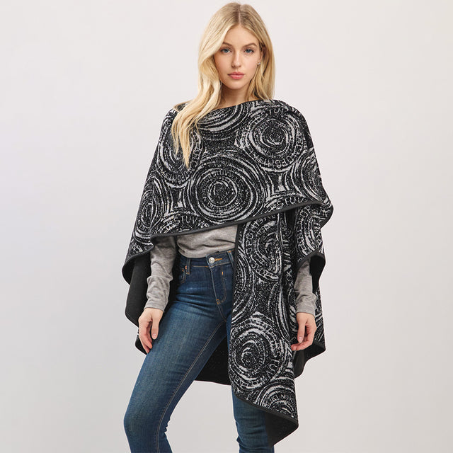 Black Geometric Print Poncho Wrap