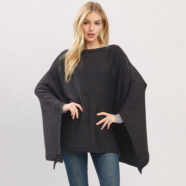 Black Clean Edge Wide Sleeves Solid Knit Poncho