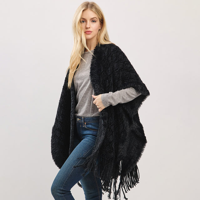 Black Fringe Trim Textured Poncho Wrap