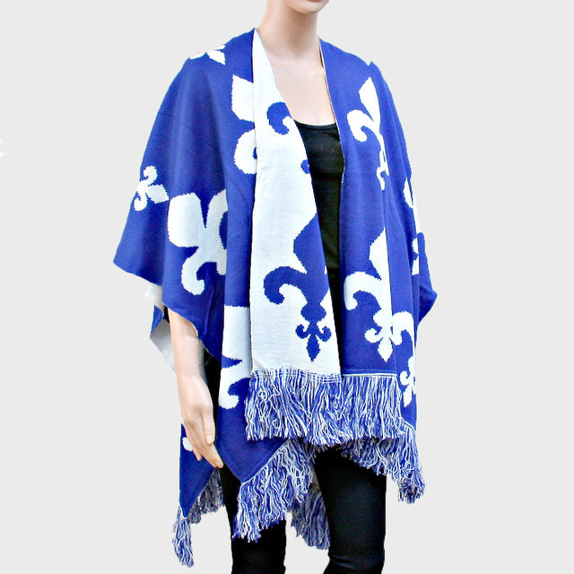 Blue Fleur de Lis Pattern Fringe Shawl