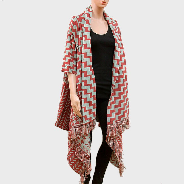 Burgundy Draped Chevron Pattern Half Sleeve Knit Cardigan with Fringe