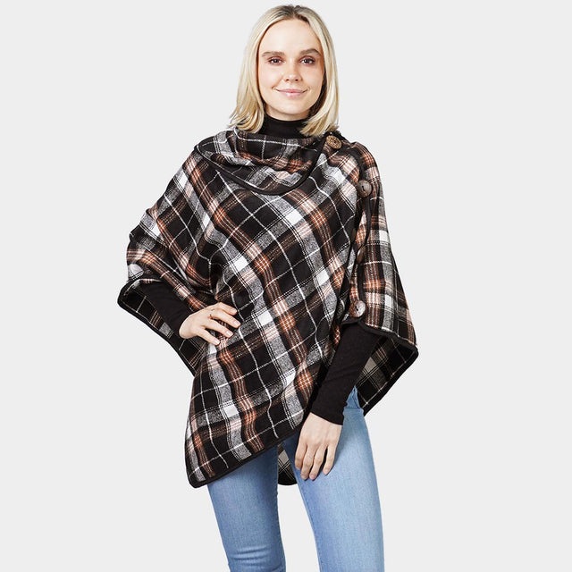 Black Plaid Check Patterned Coconut Button Poncho