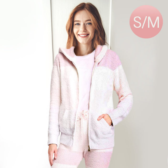 Pink, White Color Block Front Pocket Zip Up Soft Hoodie