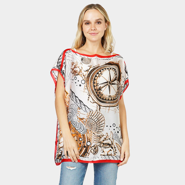 Madeline Love Red Nautical Printed Satin Poncho - Jewelry