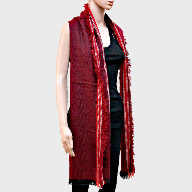Madeline Love Red Stripe Accented Scarf with Raw Fringe Trim - Jewelry