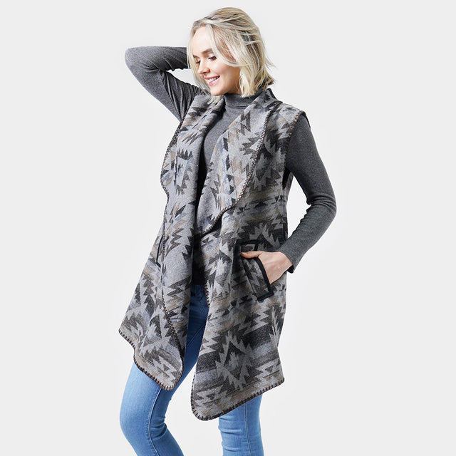 Gray Western Patterned Pocket Vest