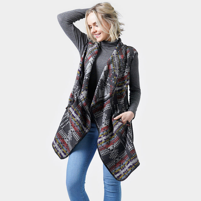 Black Western Pattern Vest With Pocket