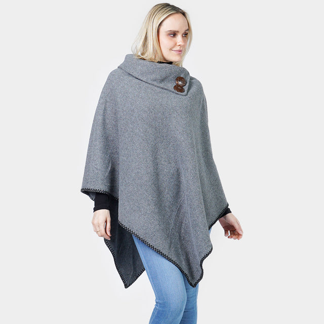 Gray Button Deco Collar Poncho