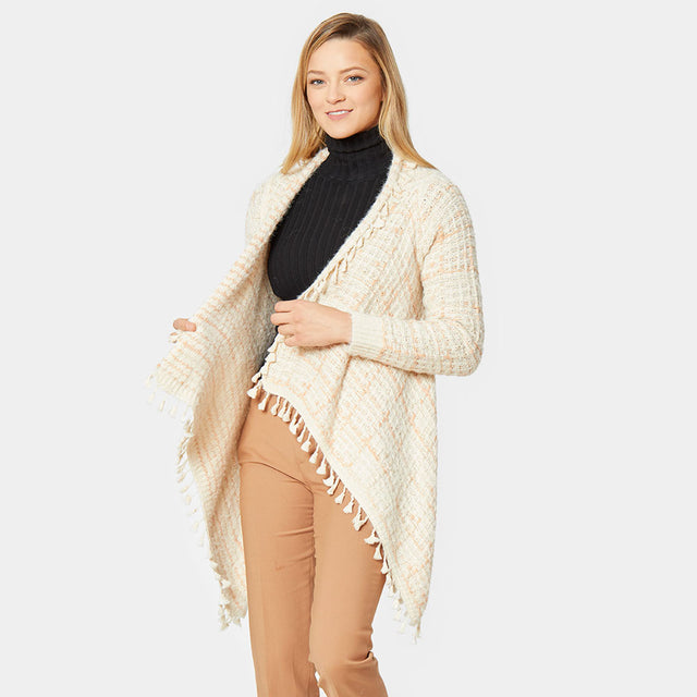 Ivory, Pink Tweed Tassel Cardigan