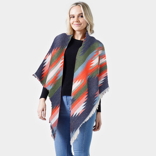 Madeline Love Navy, Orange Western Pattern Jacquard Blanket Shawl - Jewelry