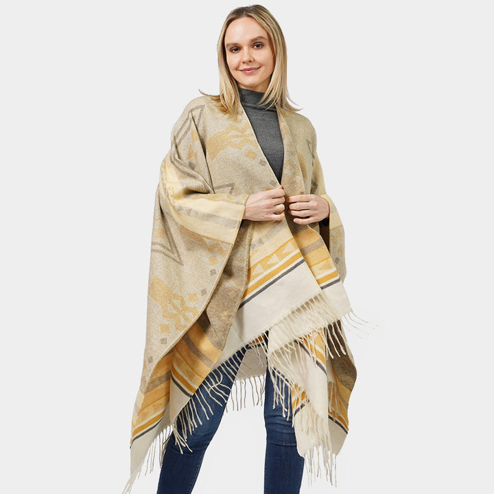 Mustard Aztec Patterned Cape Poncho