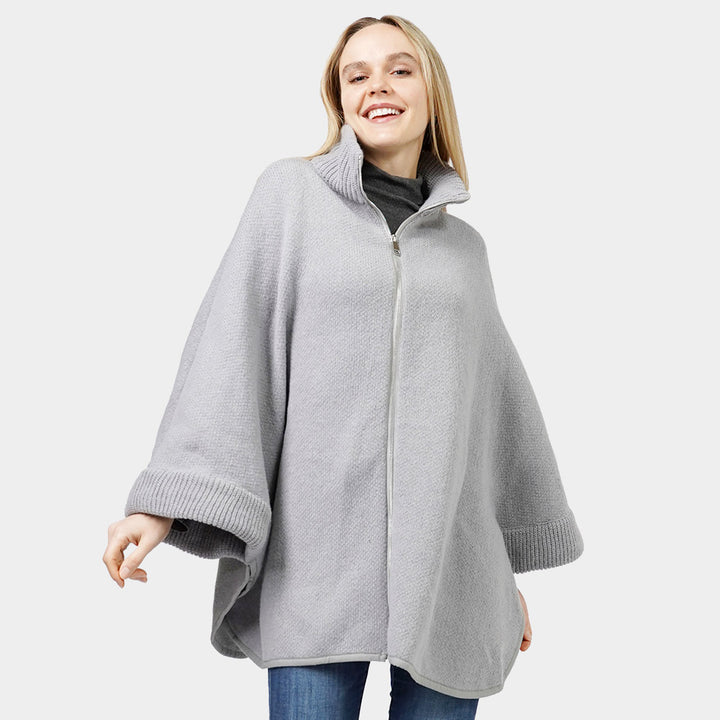 Gray Zip Up Knit Cape Poncho