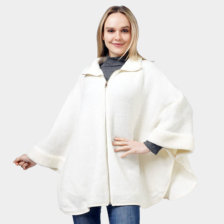 Ivory Zip Up Knit Cape Poncho