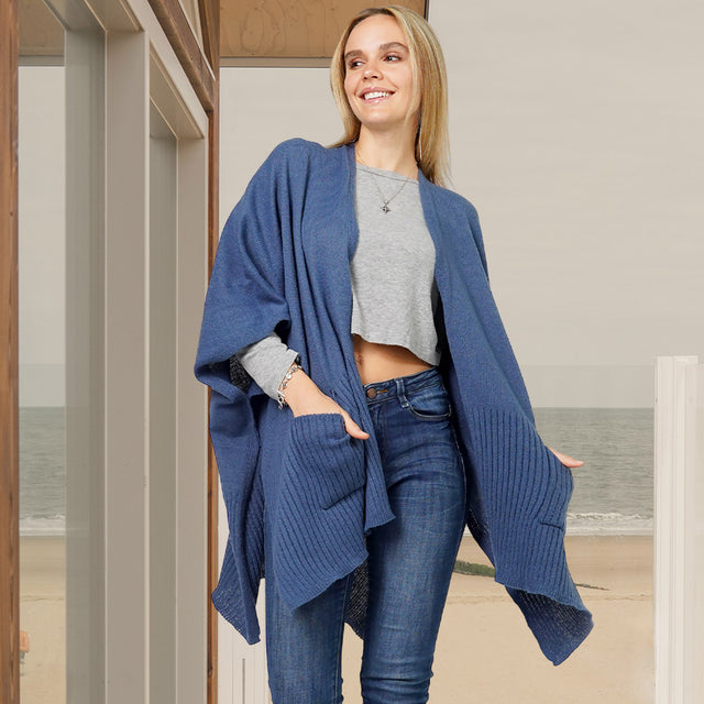 Blue Solid Knit Front Pockets Vest Poncho