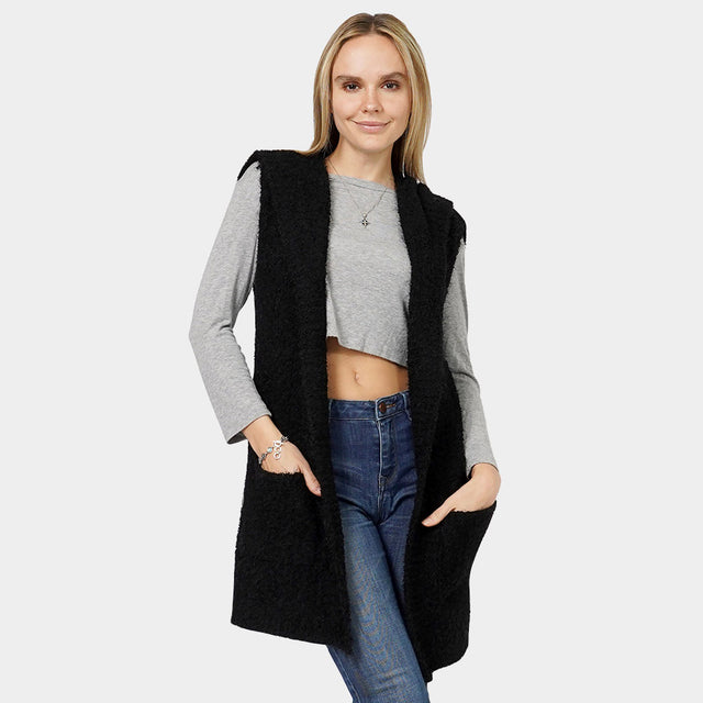 Black Cozy Knit Hooded Vest