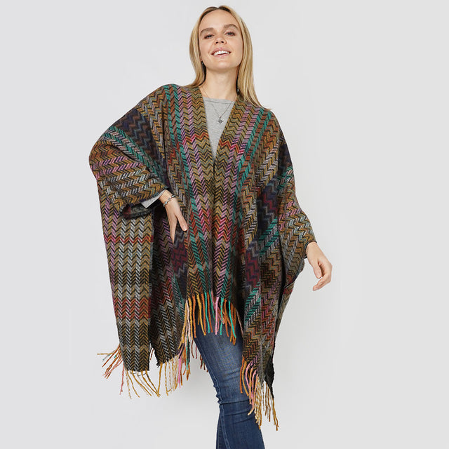Black Zigzag Chevron Patterned Tassel Poncho