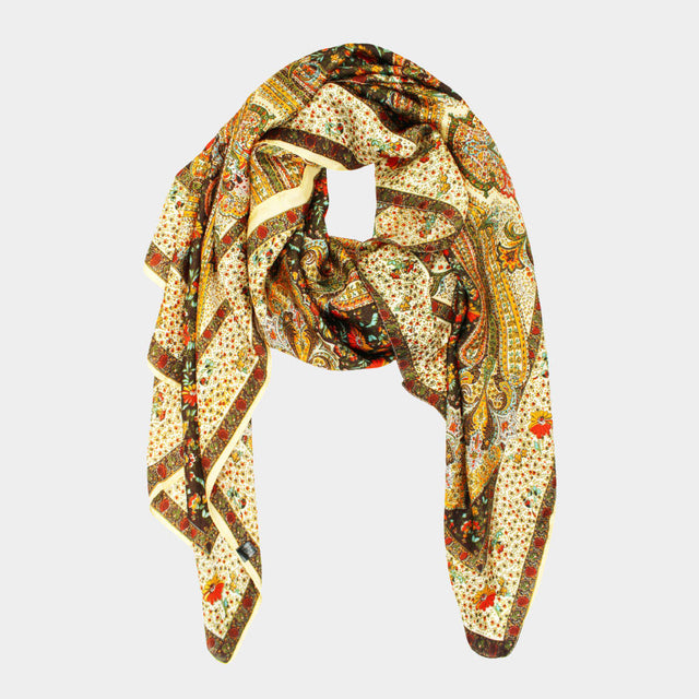 Madeline Love Beige Abstract Paisley Pattern Printed Oblong Silky Satin Scarf Shawl - Scarves & Wraps