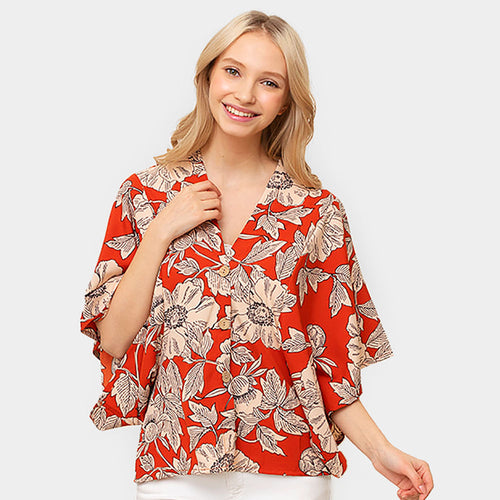 Floral Print Button Down Kimono Poncho - Red
