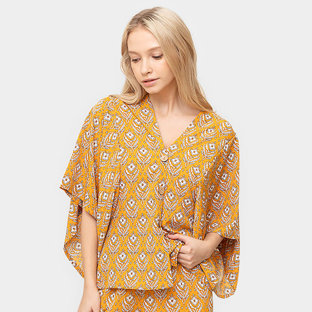 Madeline Love Yellow Floral Print Button Down Kimono Poncho - Jewelry