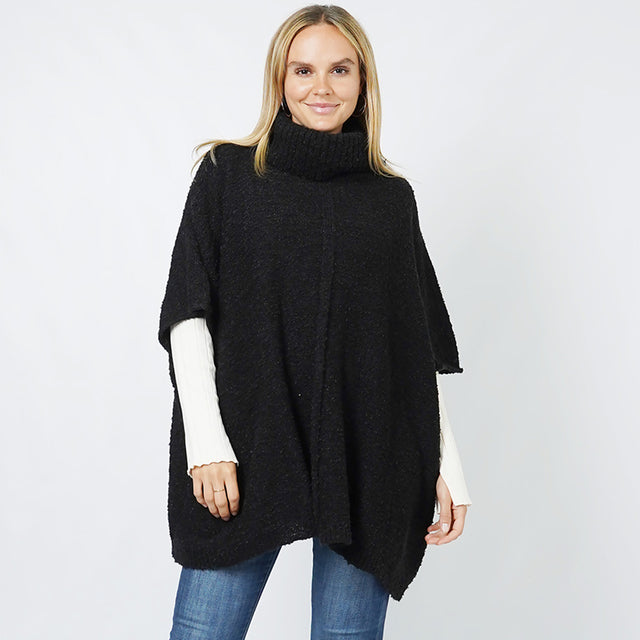 Black Slub Knit Turtle Neck Pullover