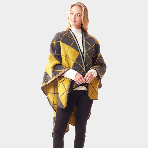 Plaid Check Patterned Stitch Ruana Poncho - Mustard