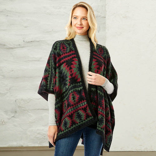 Aztec Pattern Ruana Poncho - Black