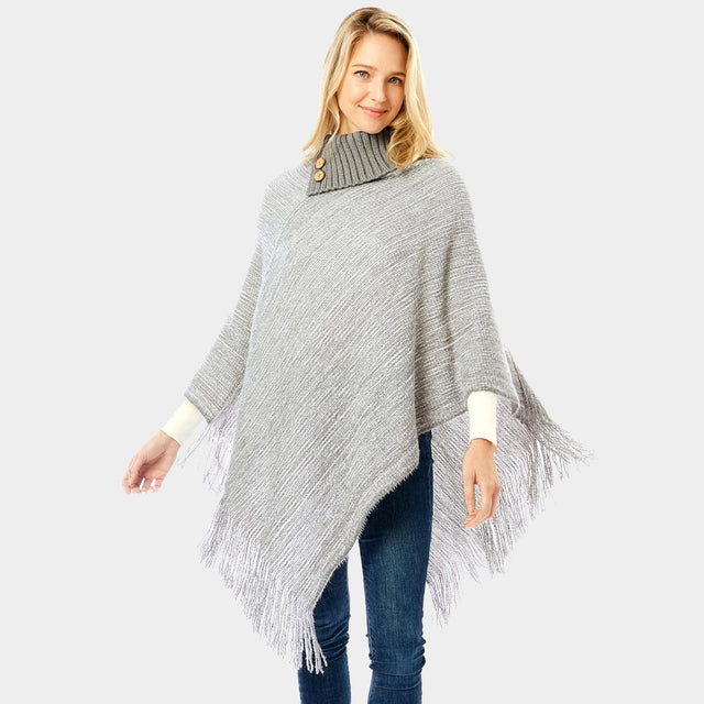 Gray Button Collar Pointed Knitted Foldover Neck Poncho