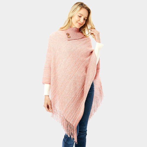 Button Collar Pointed Knitted Foldover Neck Poncho - Pink