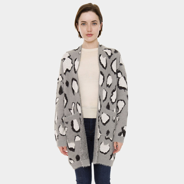 Gray Cow Print Pockets Long Sleeve Cardigan