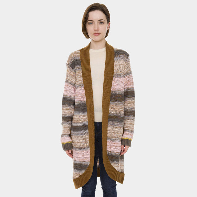 Khaki, Multi Stripe Pockets Long Sleeve Cardigan