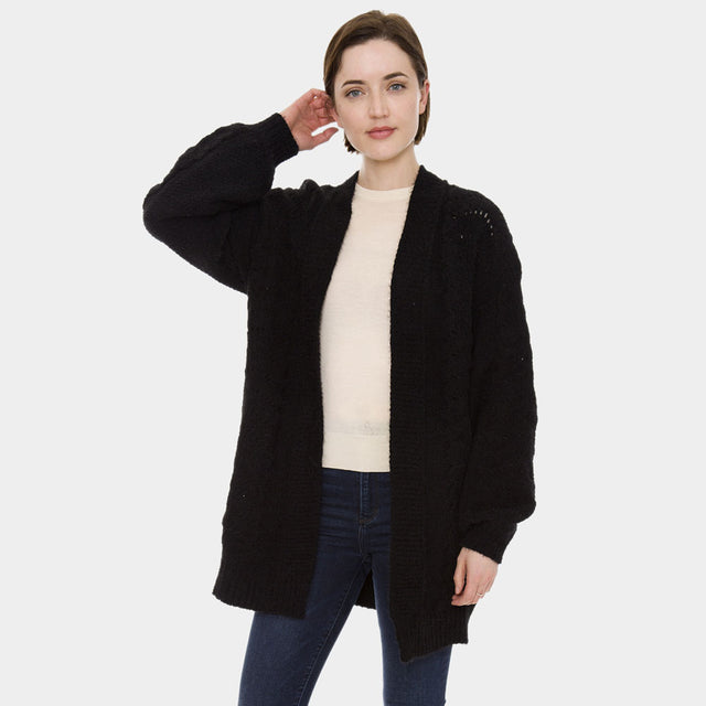 Black Hollow Knitting Long Sleeve Snap Fasteners Cardigan