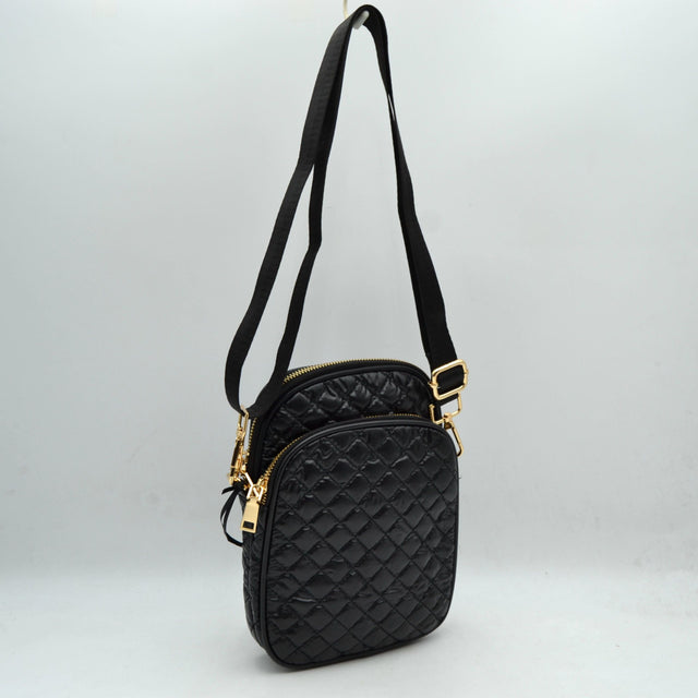 Quilted Puffer Crossbody Bag Multi-Zip Shoulder Bag with Adjustable Strap - Black - Crossbody Bags