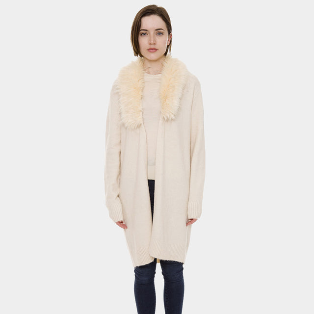 Beige Faux Fur Collar Solid Color Cardigan 