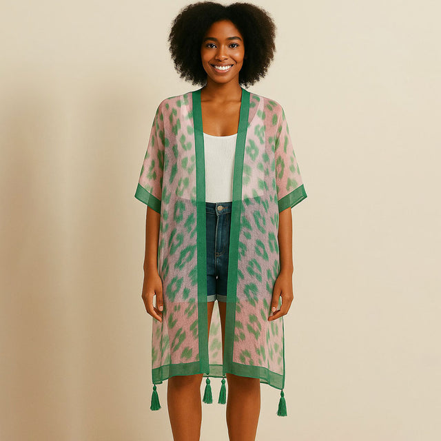 Madeline Love Pink&Green Sheer Leopard Print Tassel Detail Open Front Long Kimono Poncho - Hair Accessories