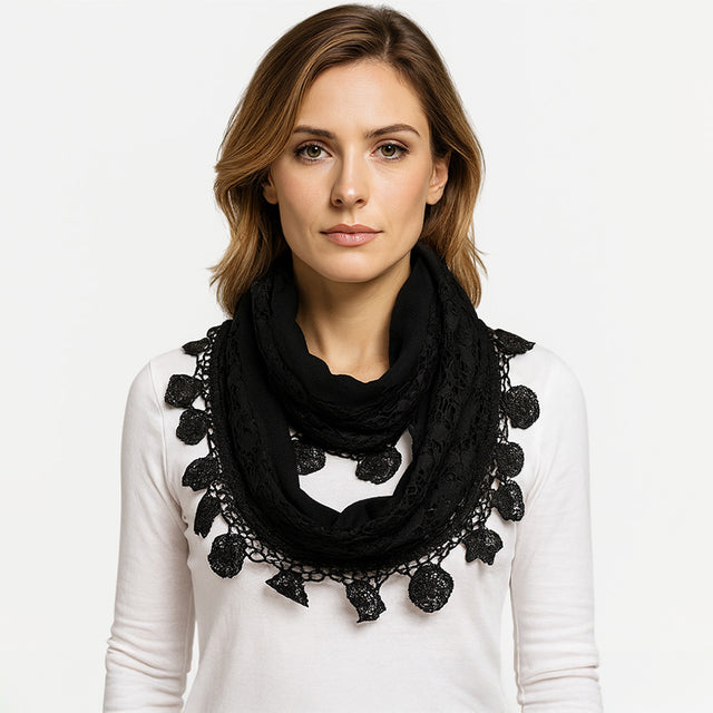 Madeline Love Black Elegant Flower Crochet Lace Accent Scarf - Hair Accessories