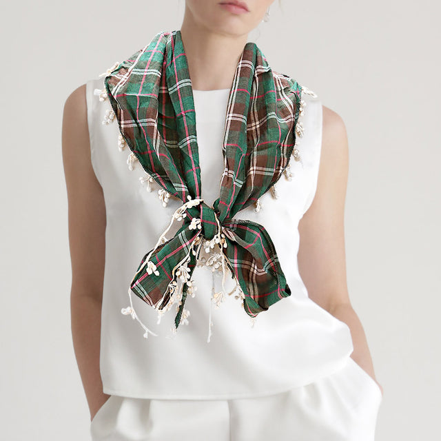 Madeline Love Green Crochet Drop Fringe Plaid Check Scarf - Jewelry