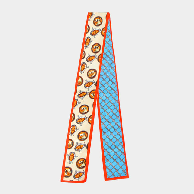Madeline Love Orange Horse Motif Pattern Print Silk Feel Twilly Skinny Scarf - Scarves & Wraps