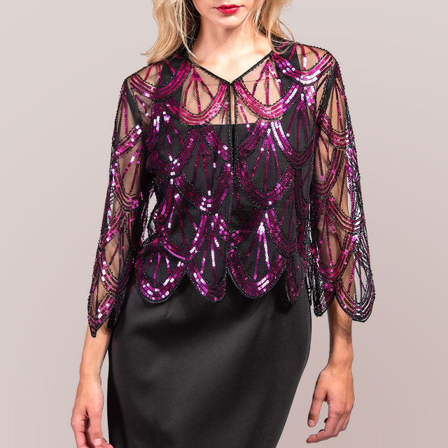 Black, Fuchsia Sequin Beaded Retro Style Cropped 3/4 Sleeves Vintage Shawl Cardigan