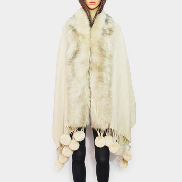Ivory Faux Fur Trim Pom Pom Dangle Poncho
